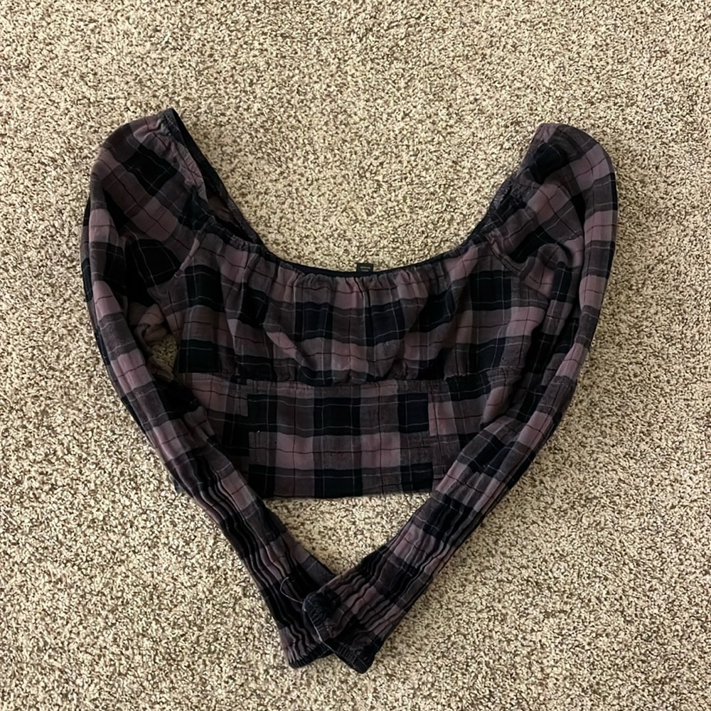 Purple plaid long sleeve cropped shirt